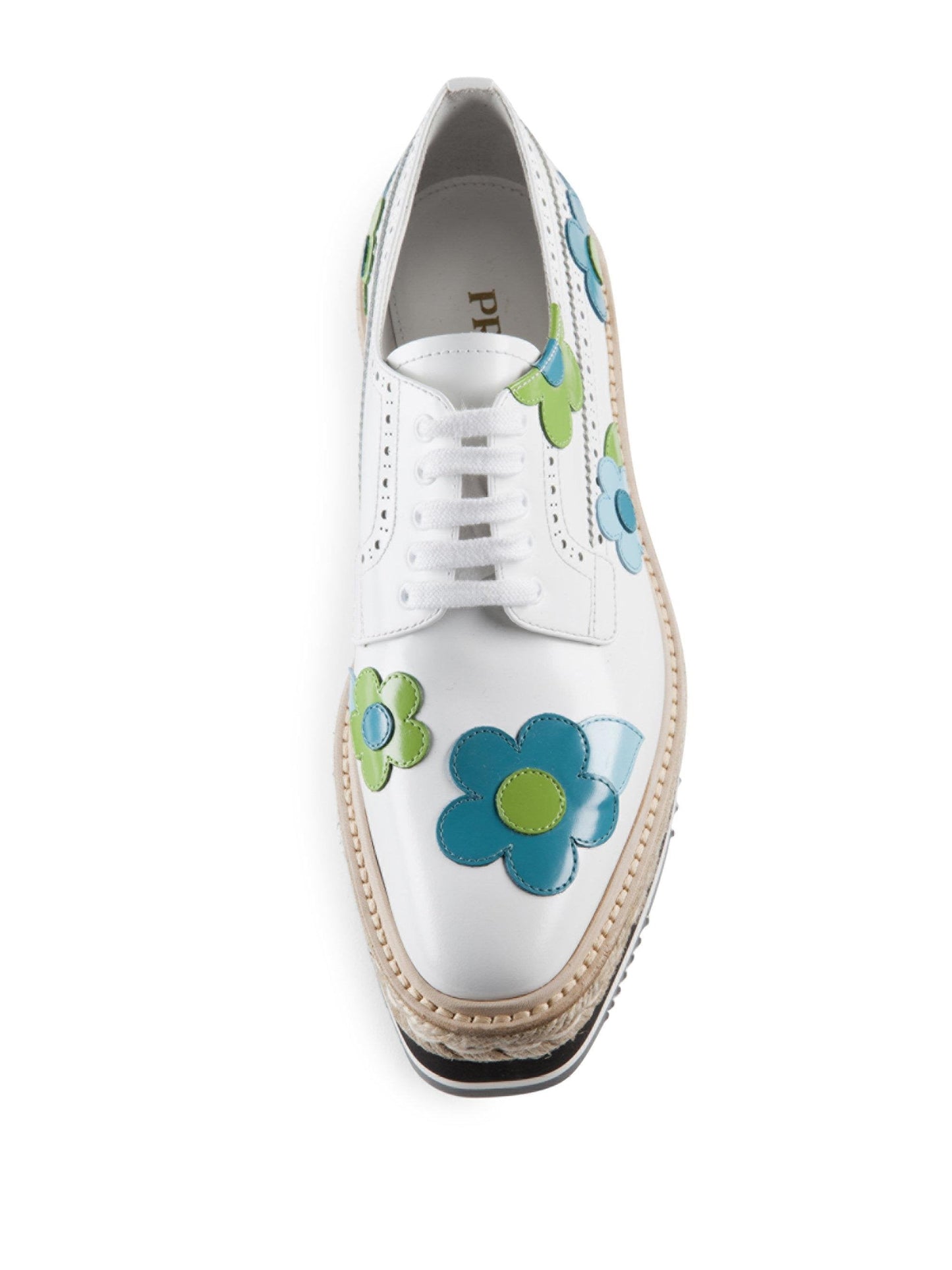 PRADA White Floral Leather Platform Espadrille Oxford Sneakers