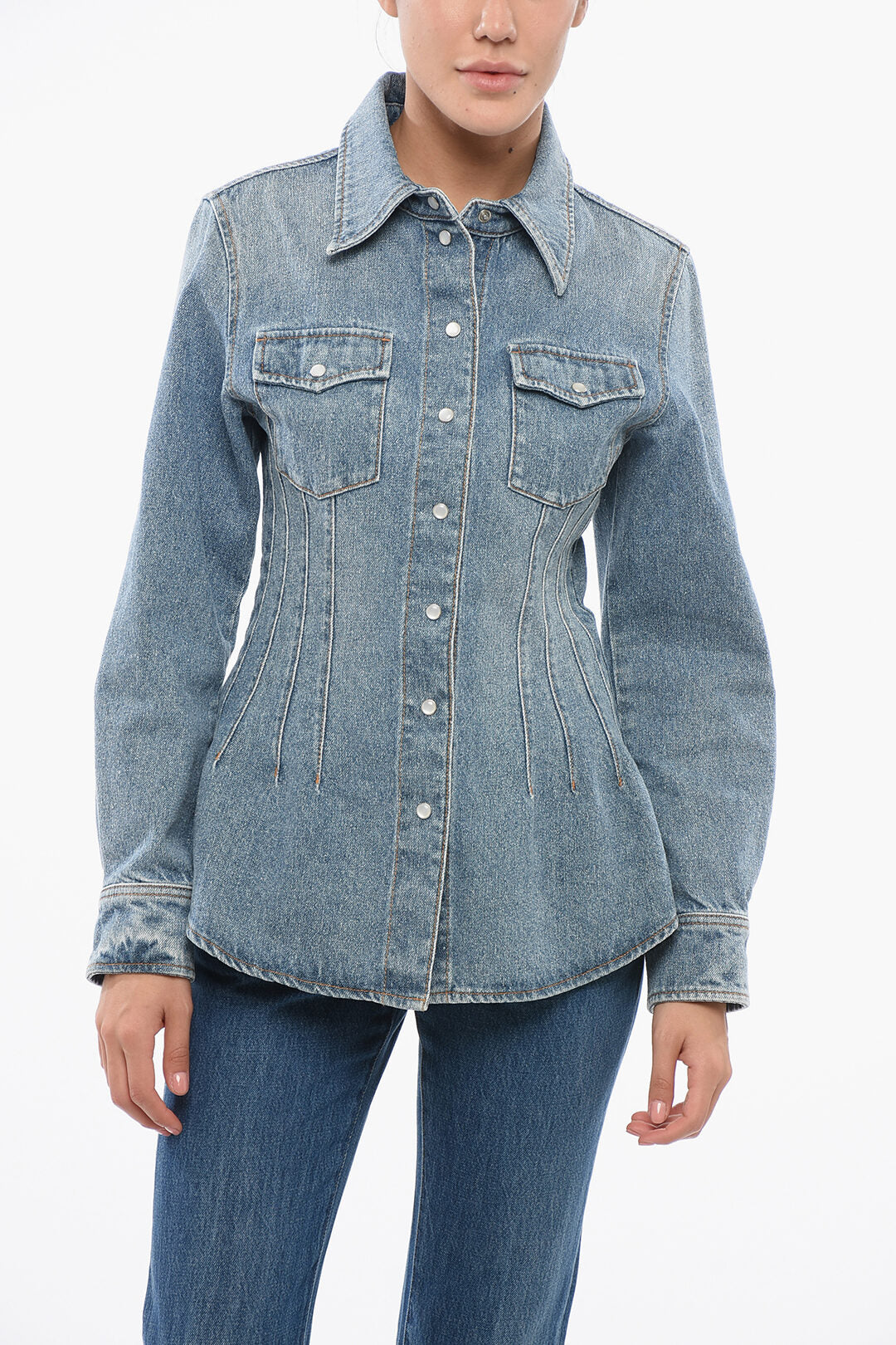 Chloe Stone Washed Slim Fit Denim Shirt Blue
