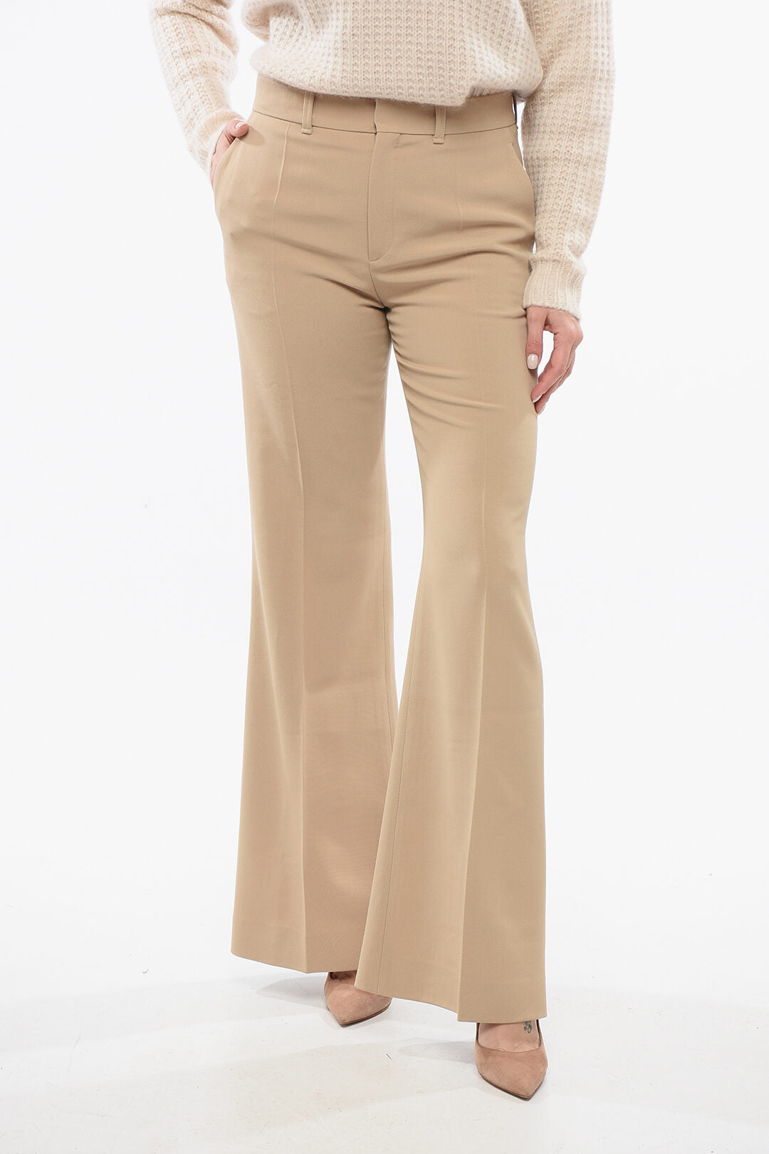 Chloe Twill Wool Flared Fit Pants 42 Beige