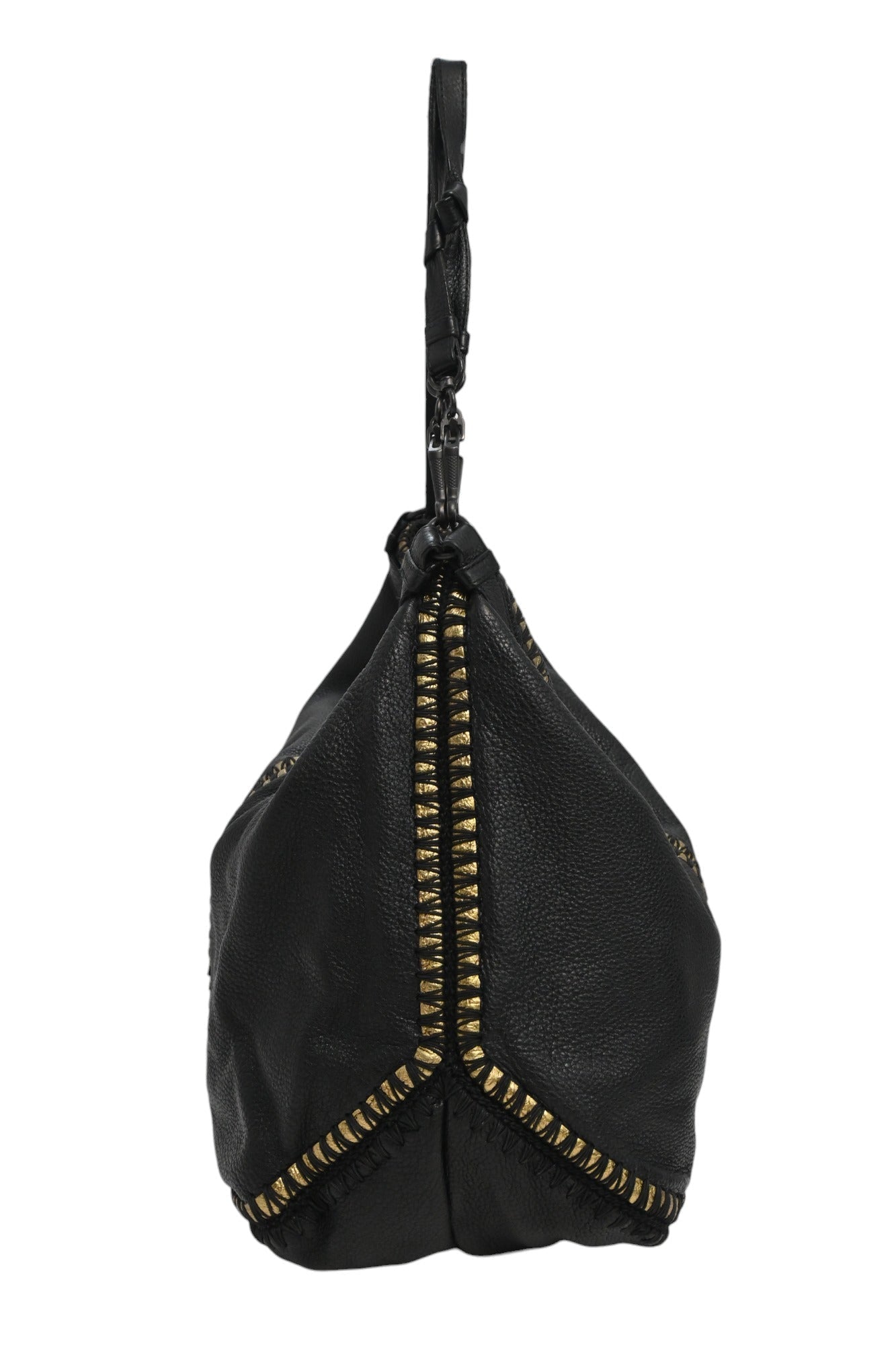 BOTTEGA VENETA Black and gold foiled leather Oro Cervo Ucinetto two-way hobo bag with detachable shoulder strap