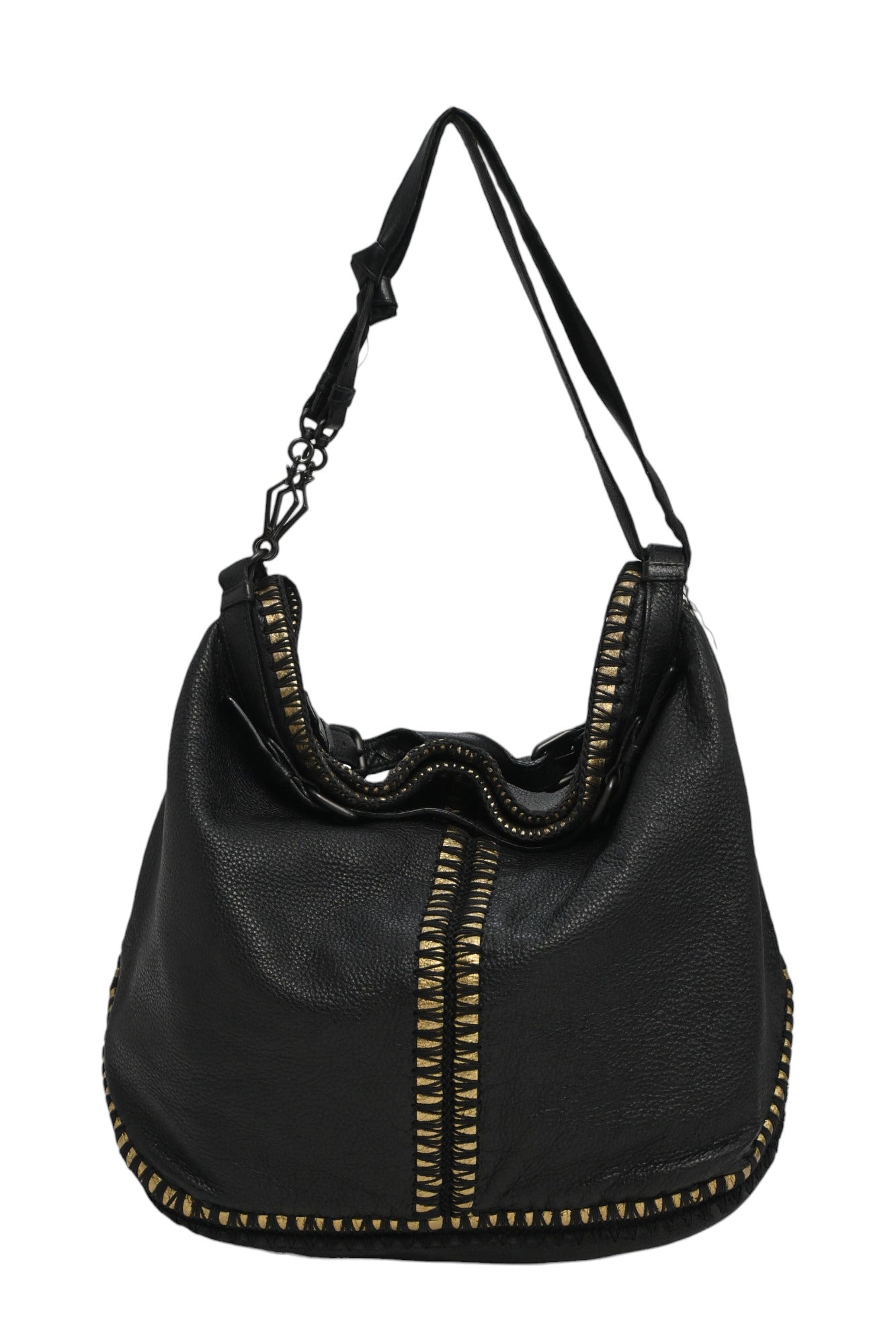 BOTTEGA VENETA Black and gold foiled leather Oro Cervo Ucinetto two-way hobo bag with detachable shoulder strap