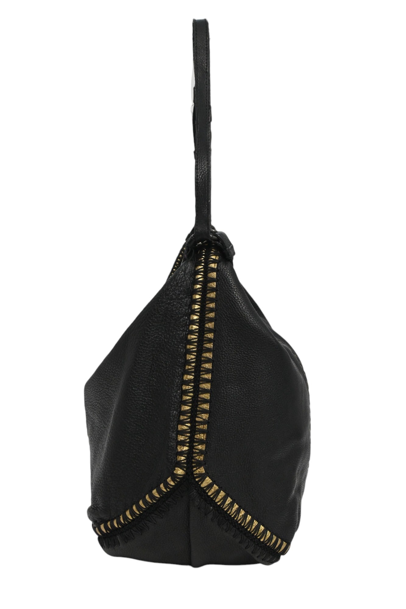 BOTTEGA VENETA Black and gold foiled leather Oro Cervo Ucinetto two-way hobo bag with detachable shoulder strap