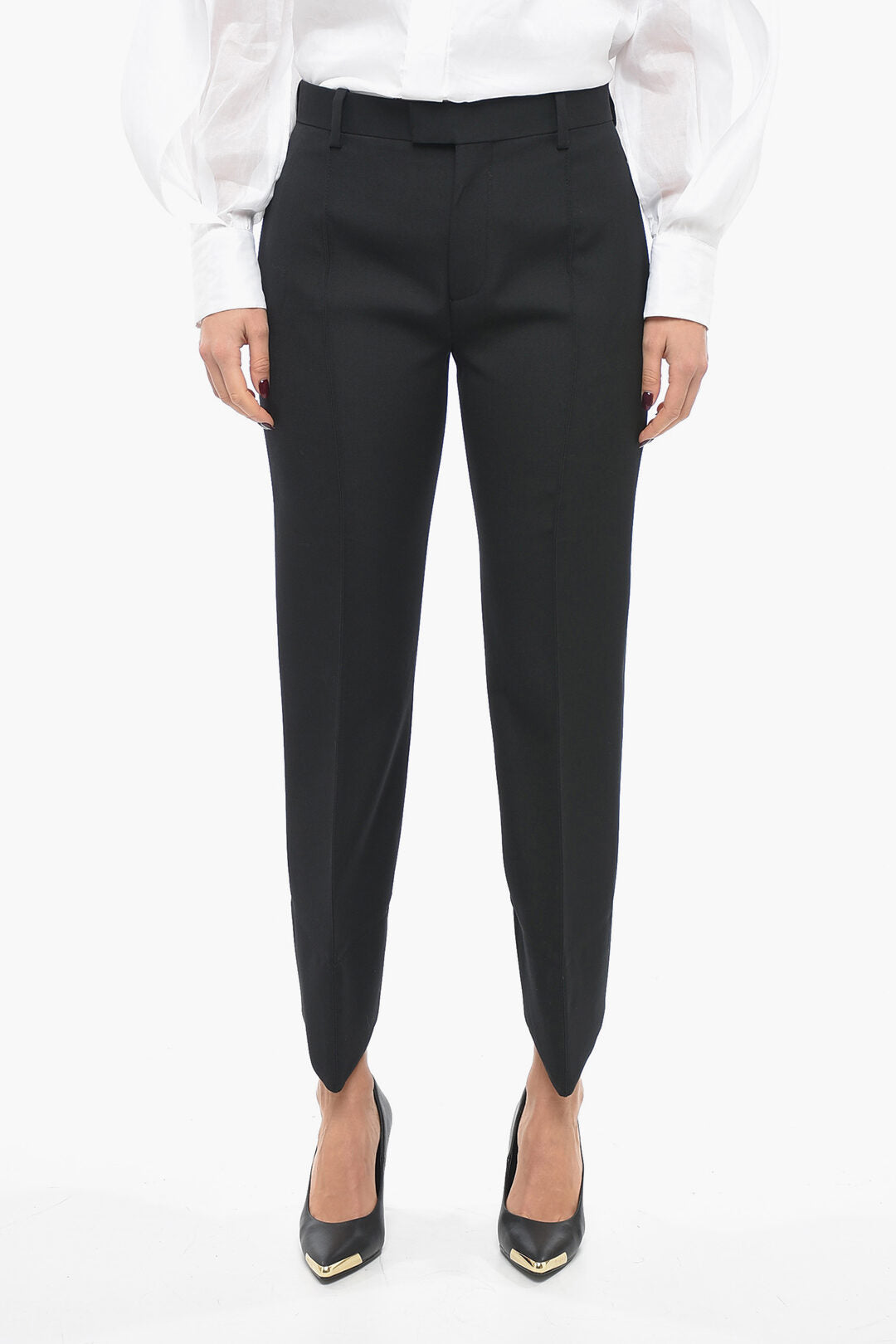 Bottega Veneta Wool Front-pleated Pants with Curved Design Black