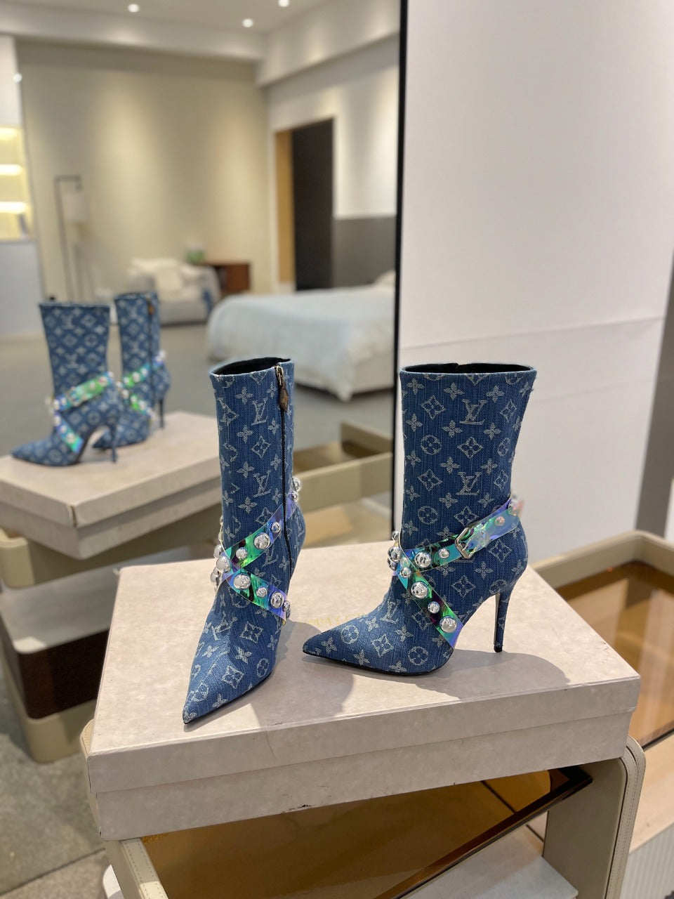 Louis Vuitton Ankle Boots 100mm Blue Monogram Jacquard Fabric