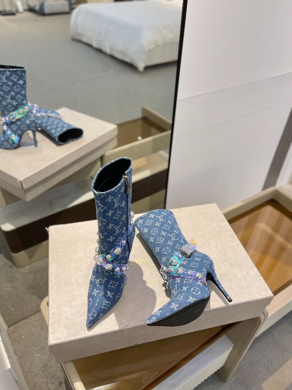 Louis Vuitton Ankle Boots 100mm Blue Monogram Jacquard Fabric