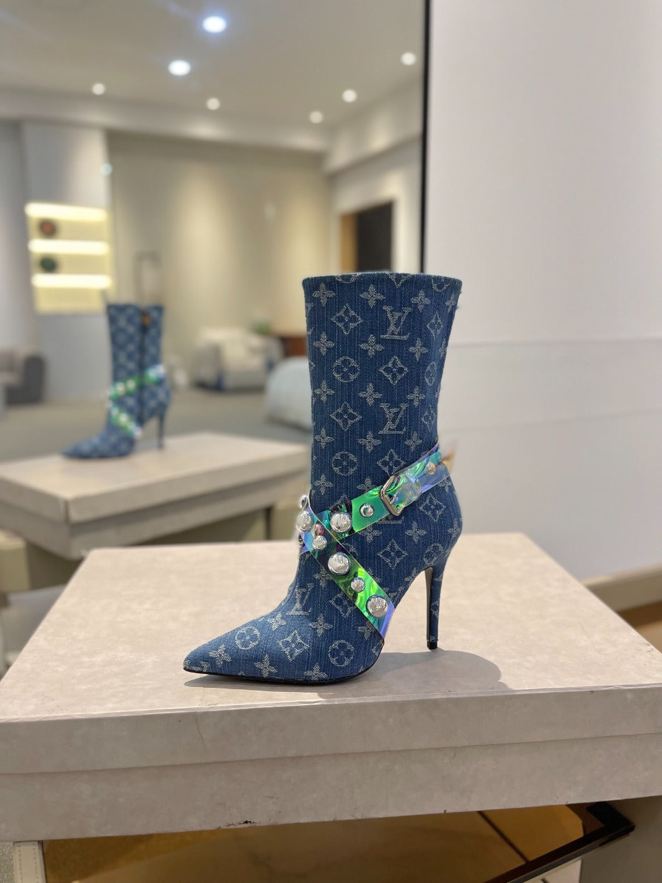 Louis Vuitton Ankle Boots 100mm Blue Monogram Jacquard Fabric