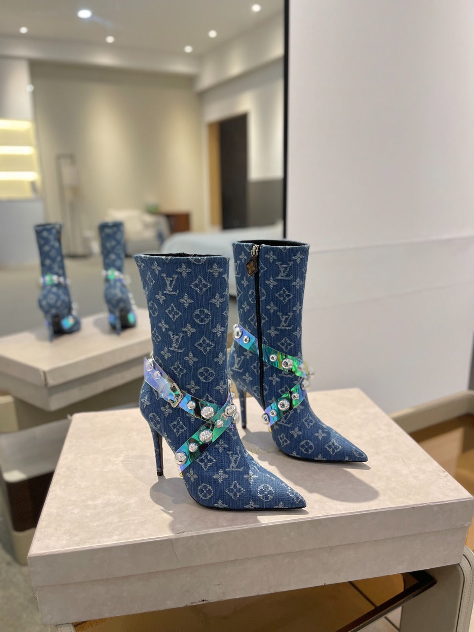 Louis Vuitton Ankle Boots 100mm Blue Monogram Jacquard Fabric