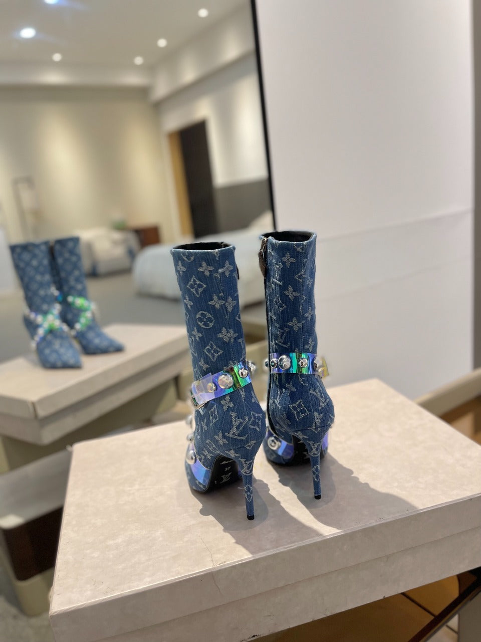 Louis Vuitton Ankle Boots 100mm Blue Monogram Jacquard Fabric