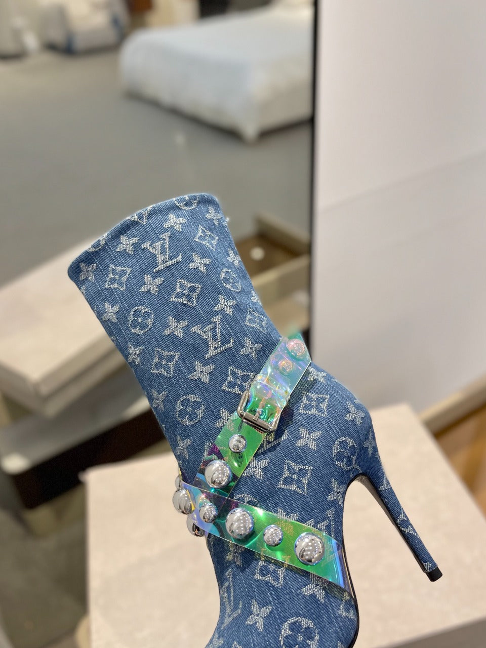 Louis Vuitton Ankle Boots 100mm Blue Monogram Jacquard Fabric