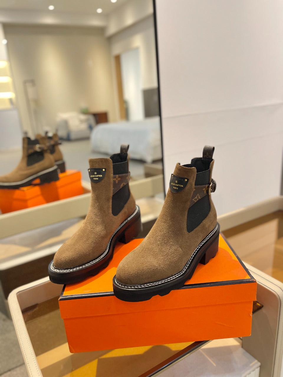 Louis Vuitton Beaubourg Ankle Boot 100mm Brown Yellow Suede