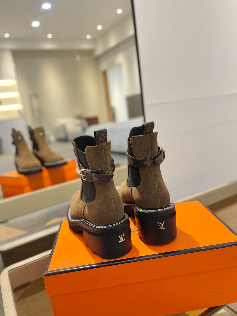 Louis Vuitton Beaubourg Ankle Boot 100mm Brown Yellow Suede