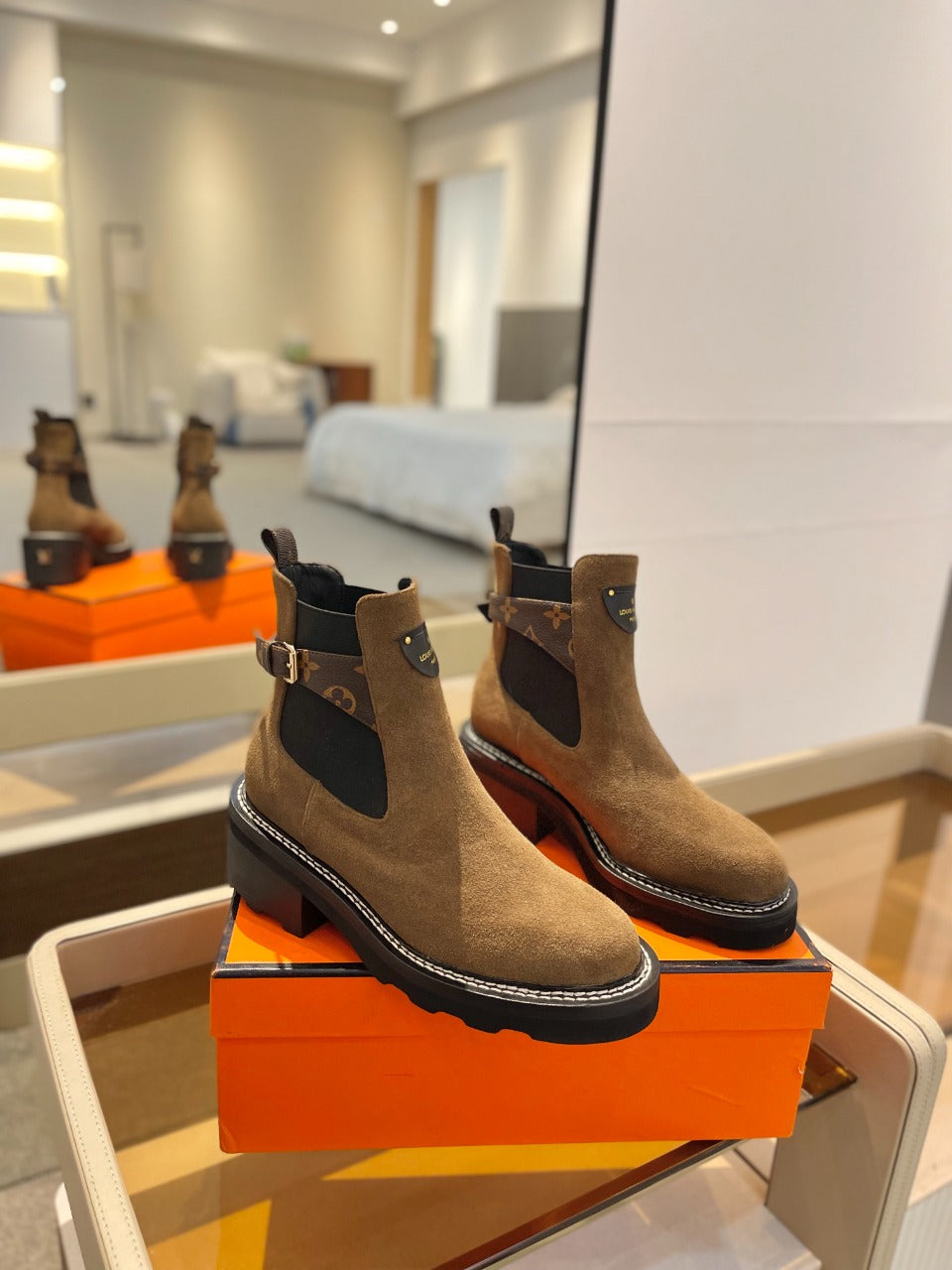 Louis Vuitton Beaubourg Ankle Boot 100mm Brown Yellow Suede