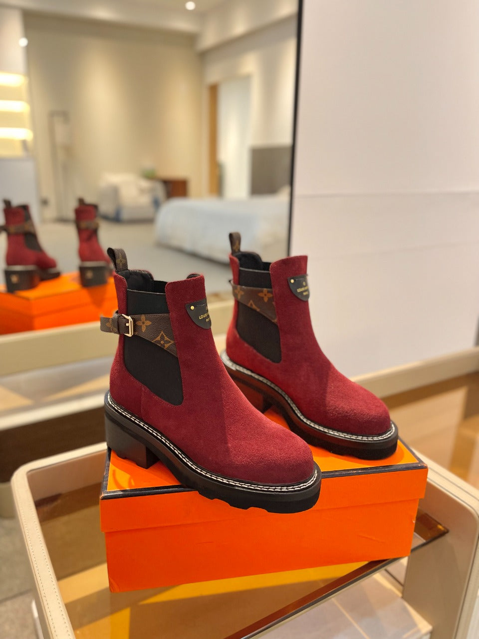 Louis Vuitton Beaubourg Ankle Boot 100mm Red Suede