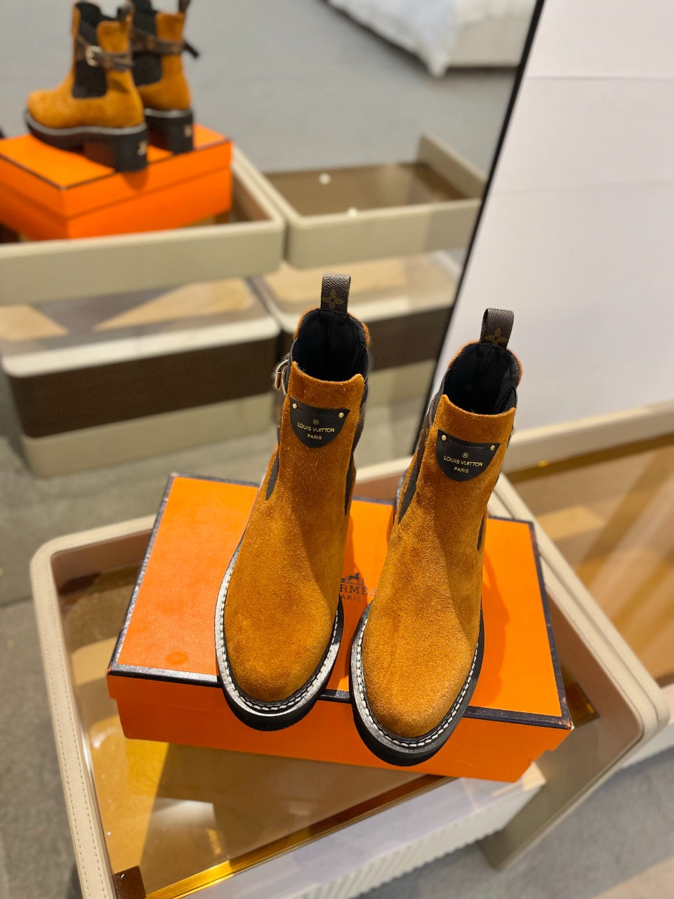 Louis Vuitton Beaubourg Ankle Boot 100mm Orange Yellow Suede