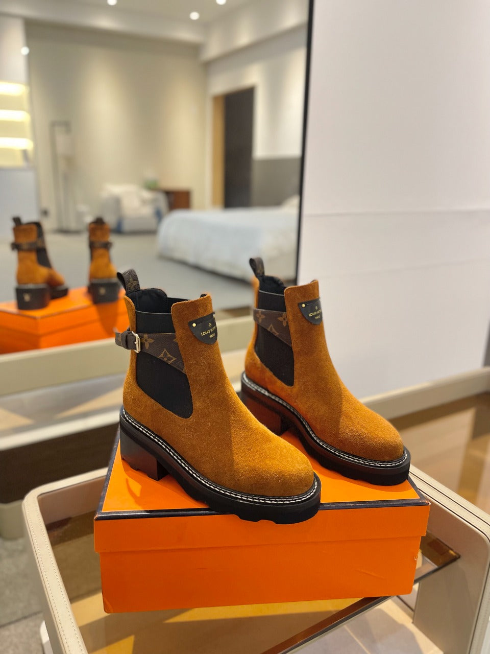 Louis Vuitton Beaubourg Ankle Boot 100mm Orange Yellow Suede