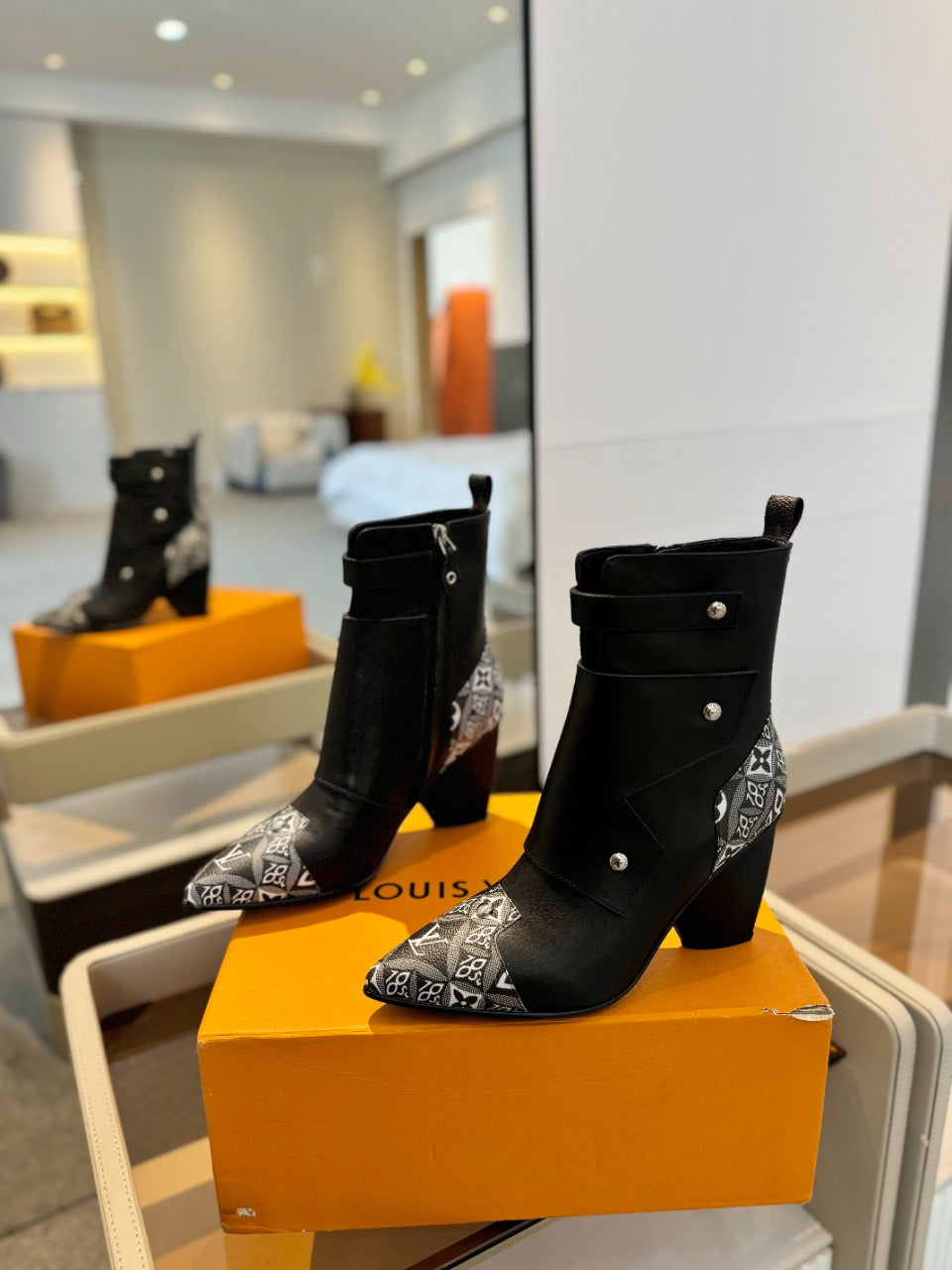 Louis Vuitton Trinity Ankle Boot 75mm Black Mix White Monogram Calfskin