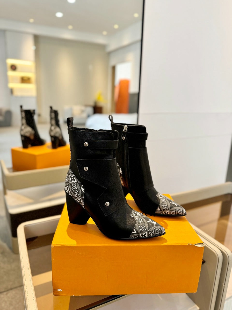 Louis Vuitton Trinity Ankle Boot 75mm Black Mix White Monogram Calfskin