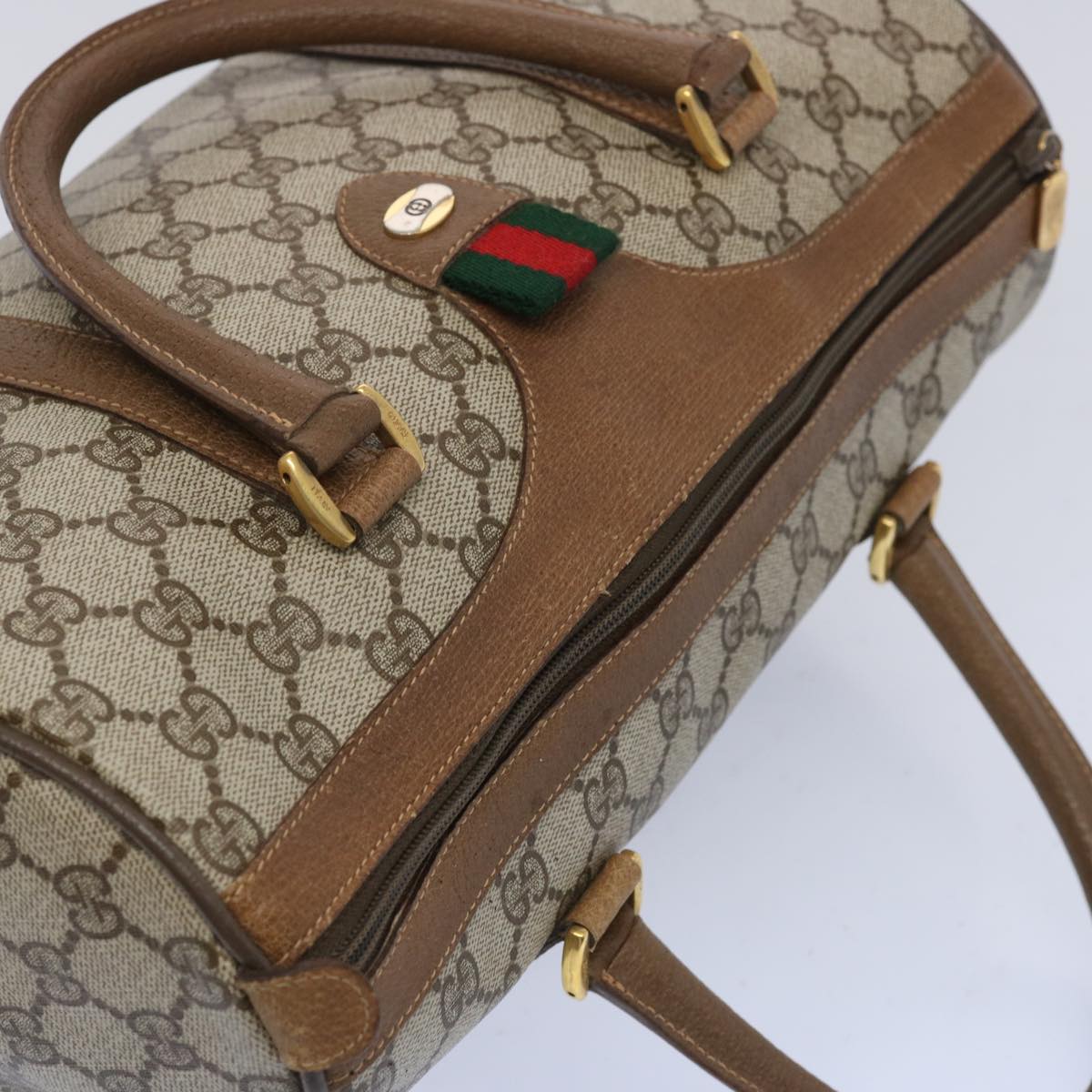 GUCCI GG Canvas Web Sherry Line Boston Bag Beige Green 111 02 007 Auth yk10448