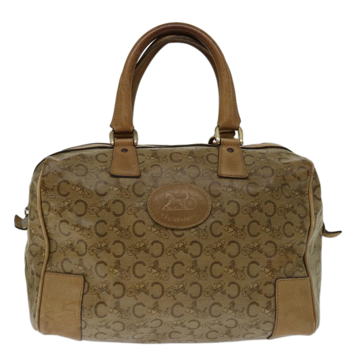 CELINE C Macadam Canvas Boston Bag Beige Auth yk11254