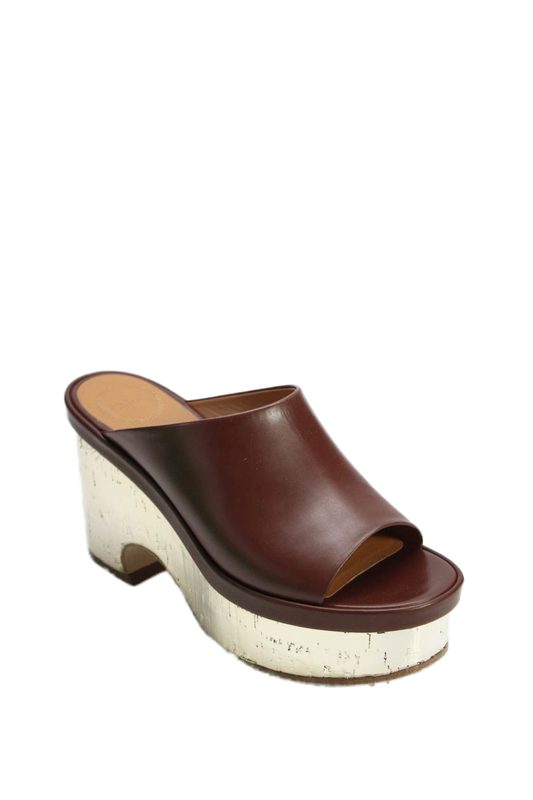 Chloe Womens Metallic Block Heel Platform Slide Mule Sandals Brown Leather 38