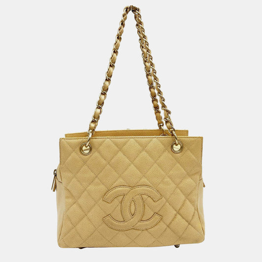 Chanel  Beige Petite Timeless Tote Quilted Caviar Shoulder Bag