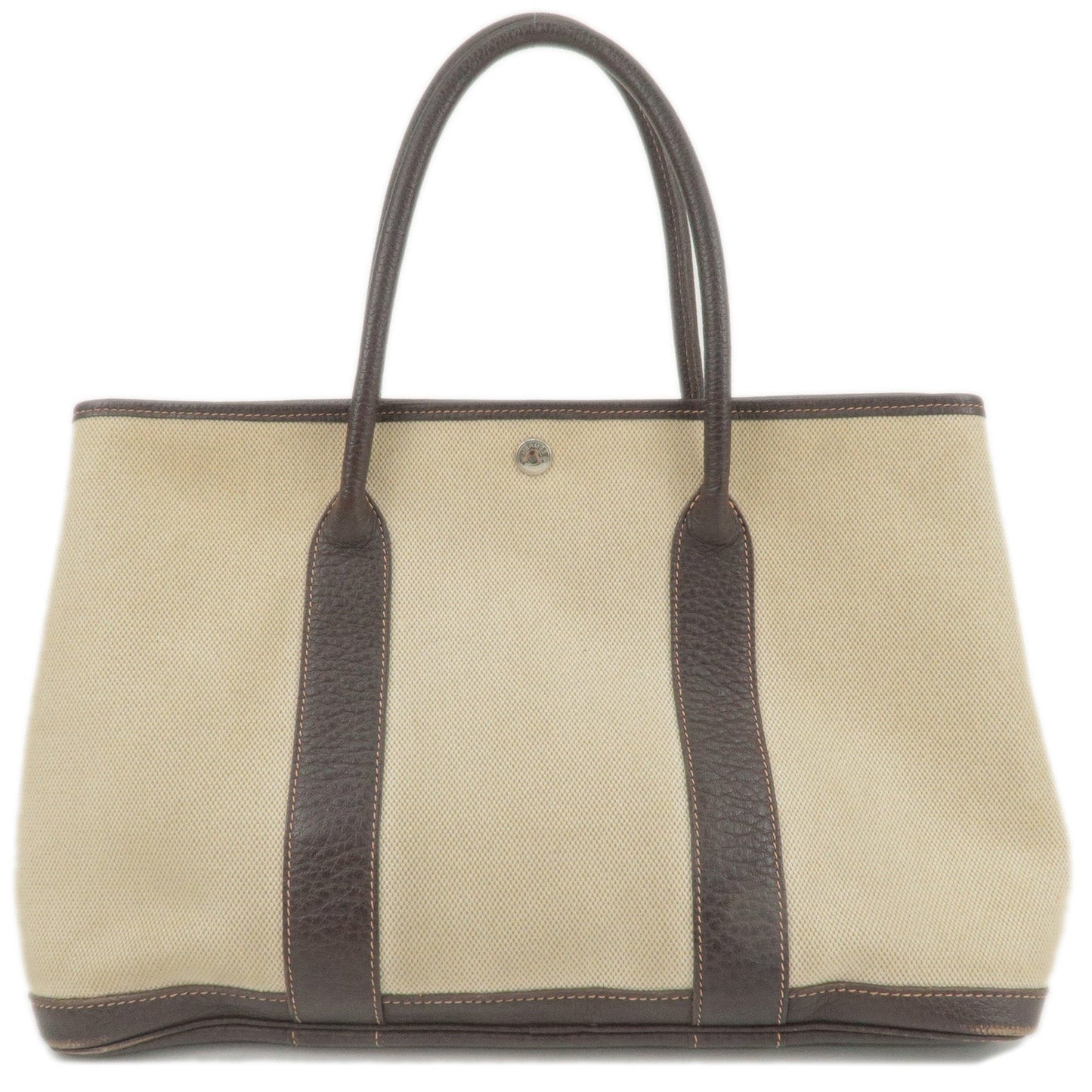 HERMES Canvas Leather Garden Party PM Tote Bag Beige G Stamp