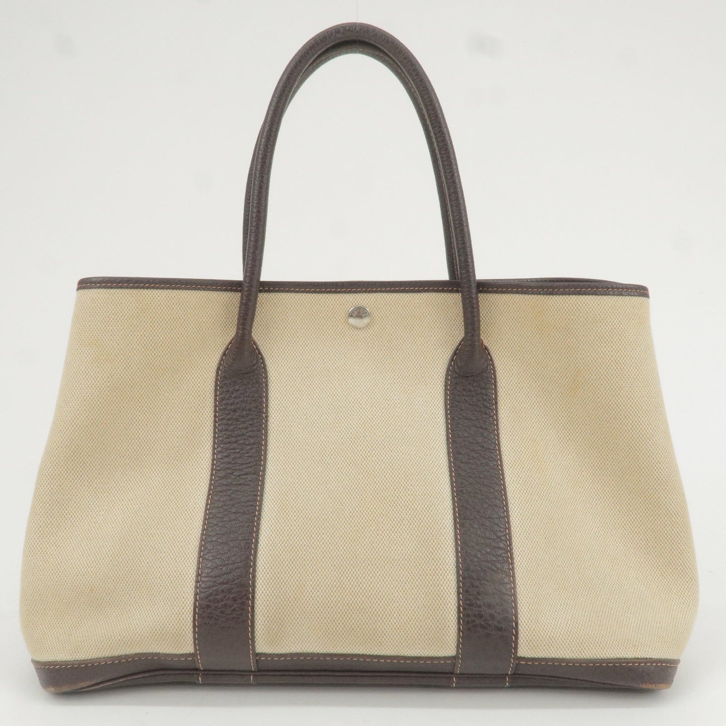 HERMES Canvas Leather Garden Party PM Tote Bag Beige G Stamp