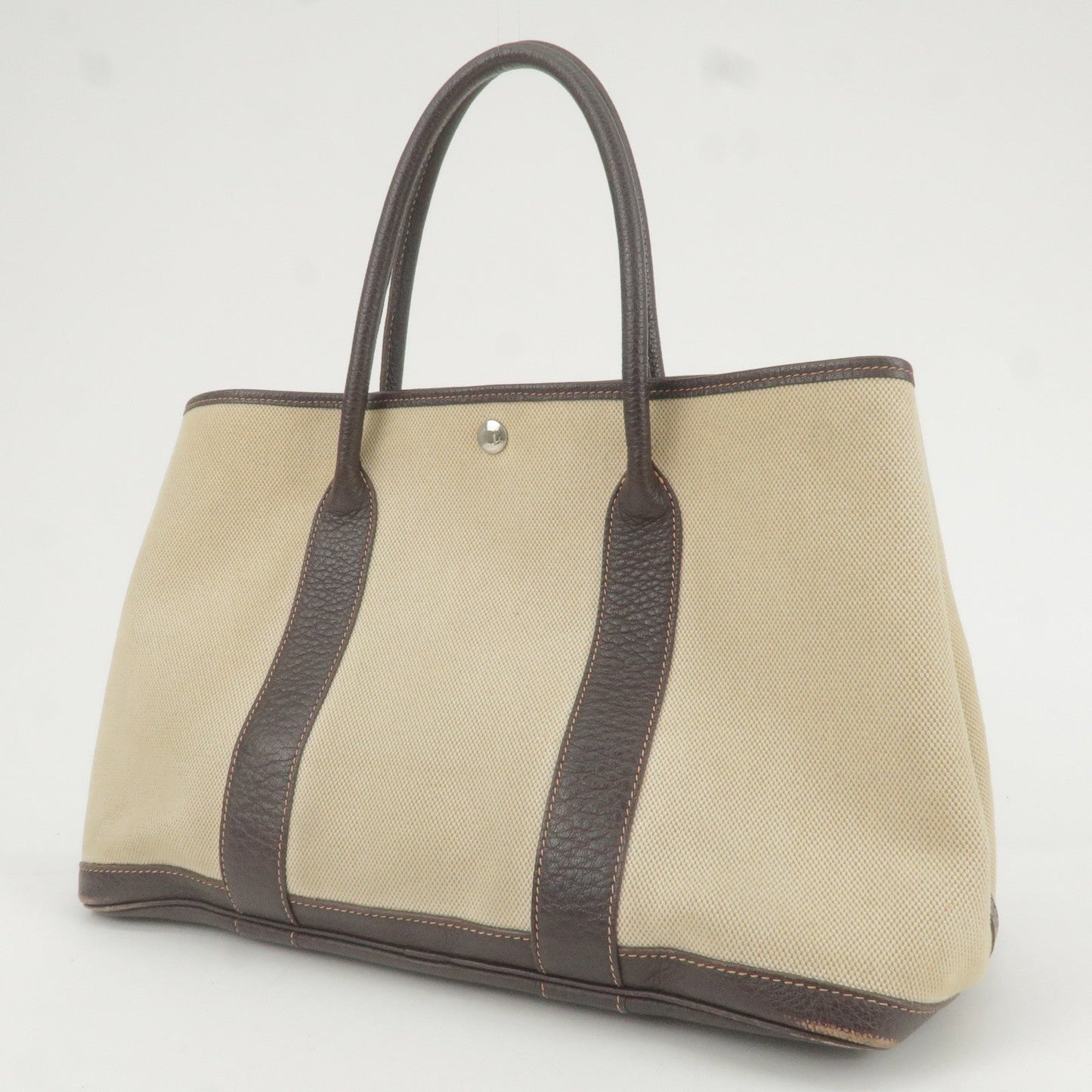HERMES Canvas Leather Garden Party PM Tote Bag Beige G Stamp