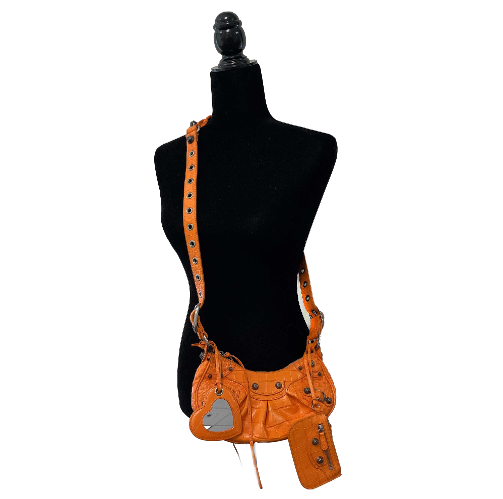 BALENCIAGA Orange Le Cagole XS Shoulder Bag Crocodile Embossed Studded Crossbody