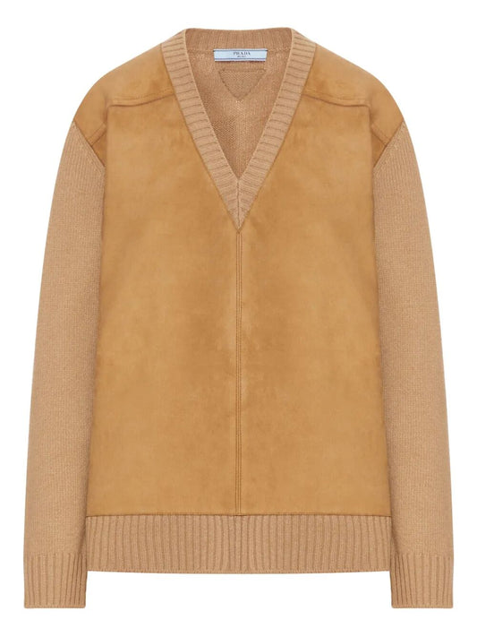 Prada Women Suede-Panel V-Neck Wool Sweater