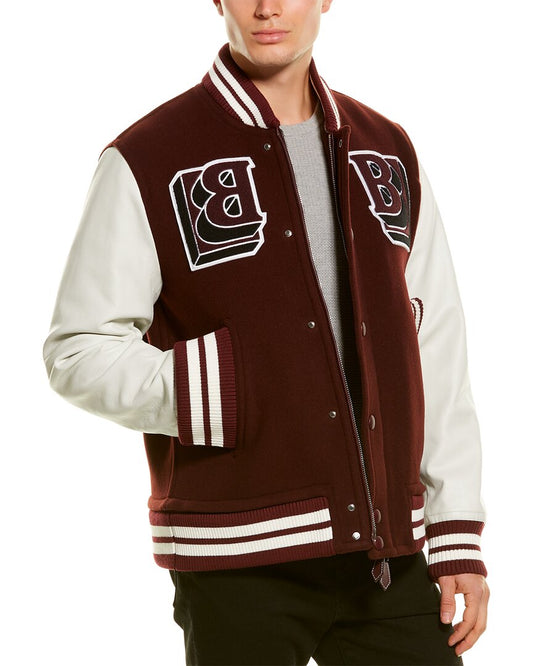 Burberry Leather-Trim Wool-Blend Bomber Jacket Brown Multi