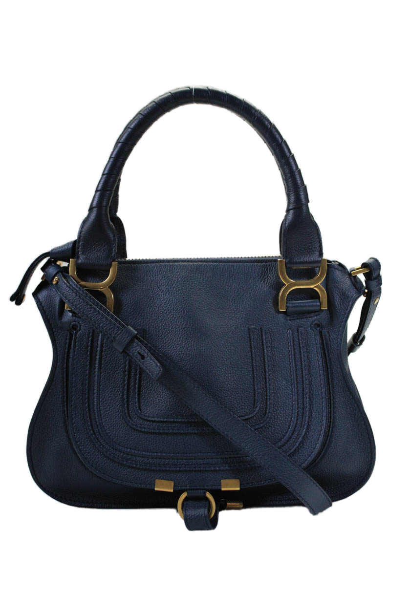 Chloe Womens Navy Grained Leather Small Marcie Shoulder Bag Handbag