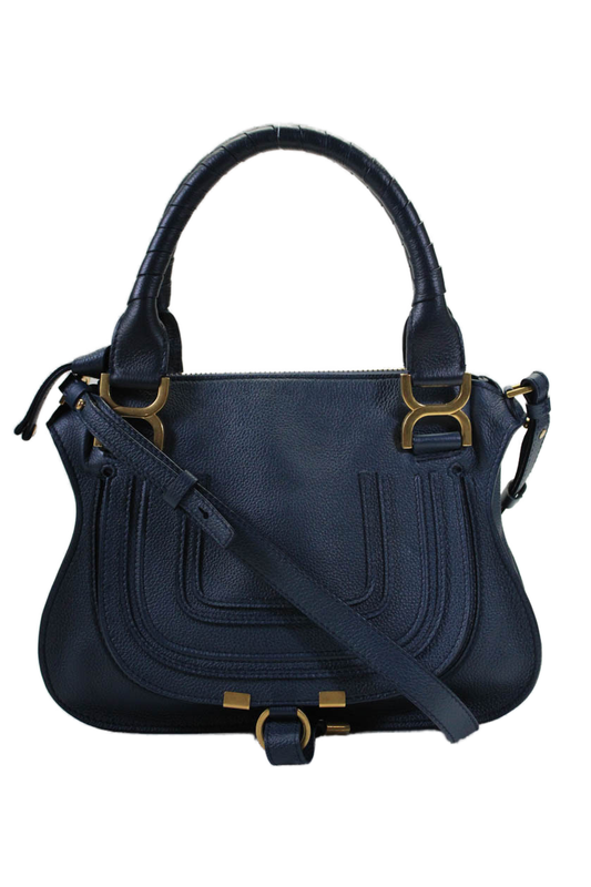 Chloe Womens Navy Grained Leather Small Marcie Shoulder Bag Handbag