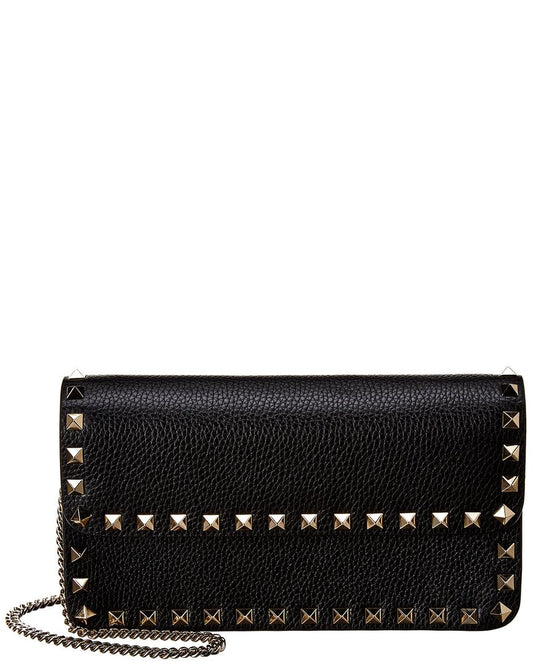Valentino Rockstud Grainy Leather Wallet On Chain ONE SIZE Black