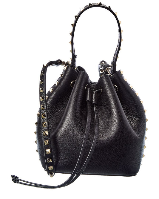 Valentino Rockstud Grainy Leather Bucket Bag Black