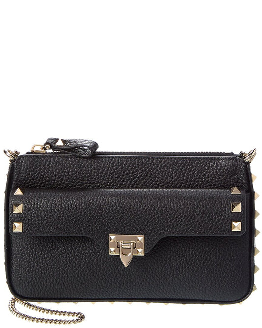 Valentino Rockstud Grainy Leather Wallet On Chain ONE SIZE Black