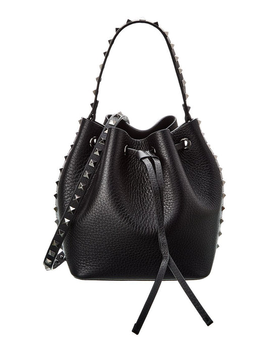 Valentino Rockstud Grainy Leather Bucket Bag ONE SIZE Black
