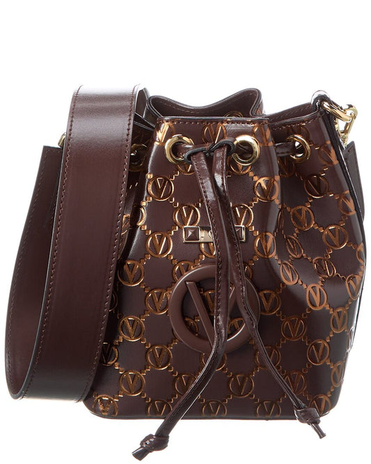 Valentino By Mario Valentino Jules Monogram Leather Bucket Bag ONE SIZE Brown Multi