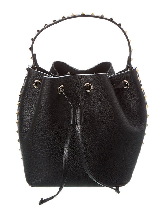Valentino Rockstud Grainy Leather Bucket Bag  ONE SIZE Black