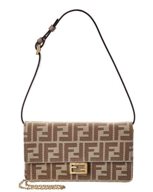 Fendi Baguette Ff Denim Jacquard & Leather Wallet On Chain ONE SIZE Beige