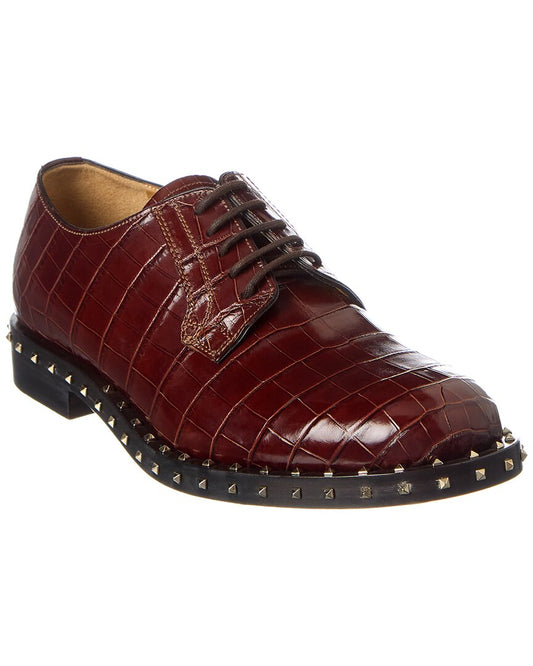 Valentino Rockstud Croc-Embossed Leather Oxford Red