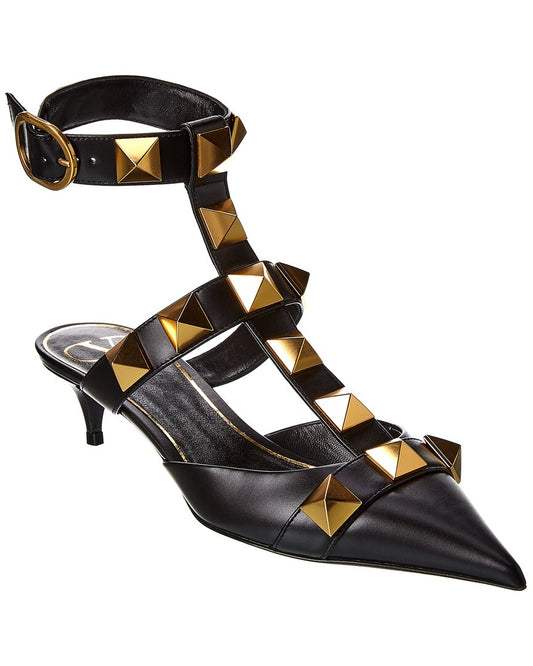 Valentino Roman Stud 40 Leather Ankle Strap Pump Black