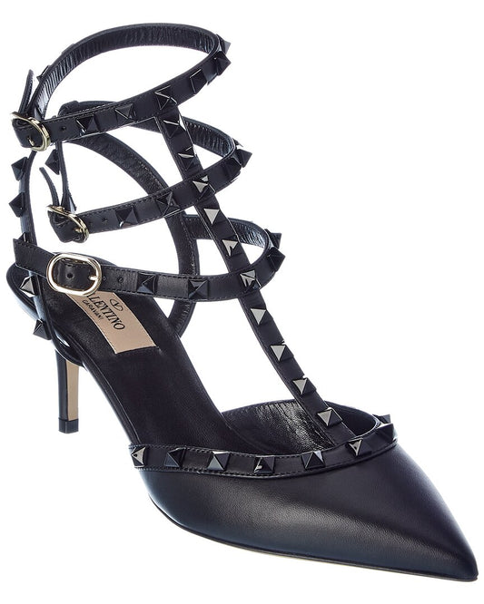 Valentino Rockstud Caged 65 Leather Ankle Strap Pump Black
