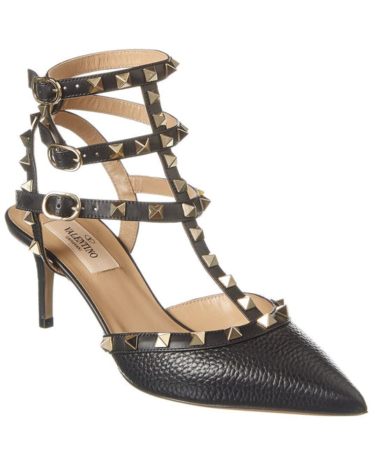 Valentino Rockstud Caged 65 Grainy Leather Ankle Strap Pump Black
