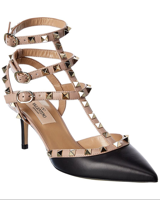 Valentino Rockstud Caged 65 Leather Ankle Strap Pump Black