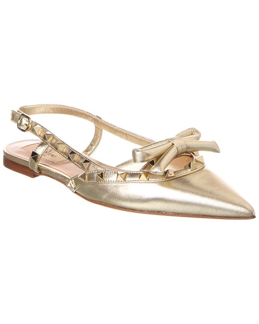 Valentino Rockstud Bow Leather Slingback Ballerina Flat Gold