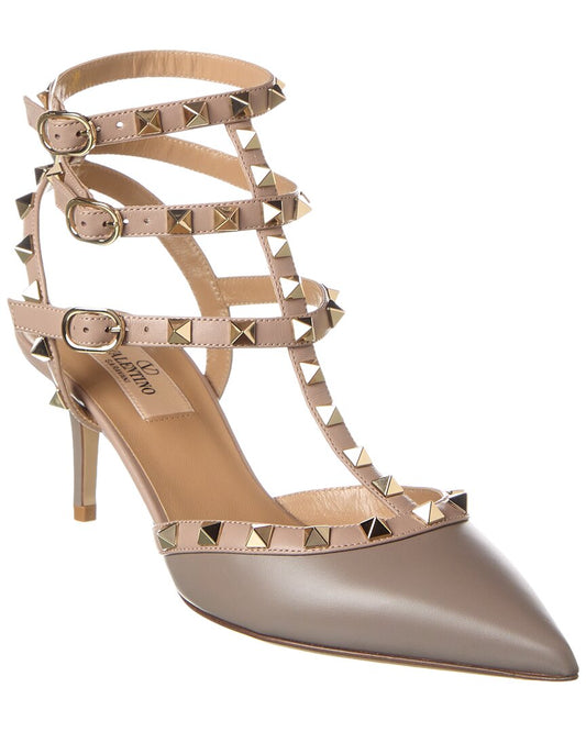 Valentino Rockstud Caged 65 Leather Ankle Strap Pump Grey Multi