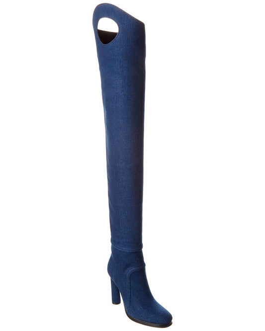 Burberry Wader Porthole Detail Topstitched Denim Boot Blue