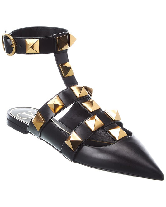 Valentino Roman Stud Leather Ankle Strap Flat Black