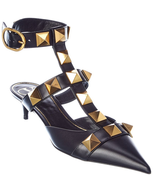 Valentino Roman Stud 40 Leather Ankle Strap Pump Black